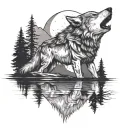 wolf with young reflection, moon melting into a river, mountains and trees  tattoo design idea