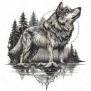 wolf with young reflection, moon melting into a river, mountains and trees  tattoo design idea