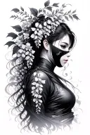 wisteria flowers cascading down side profile female ninja warrior tattoo design idea