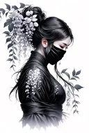 wisteria flowers cascading down side profile female ninja warrior tattoo design idea