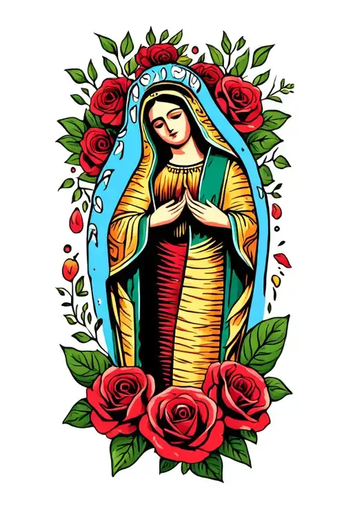 Virgen de Guadalupe Mexican with roses tattoo design idea