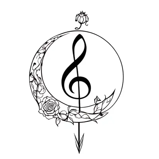 Generate a minimal, tattoo design that has a moon, a rosebud, a music clef and well hidden arrow in the entire tatoo tattoo design idea