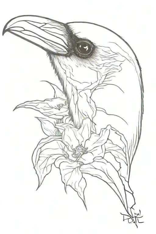 Please draw a sketch as follows: a raven's skull, beak down, anemones growing from the eye sockets of the skull tattoo design idea