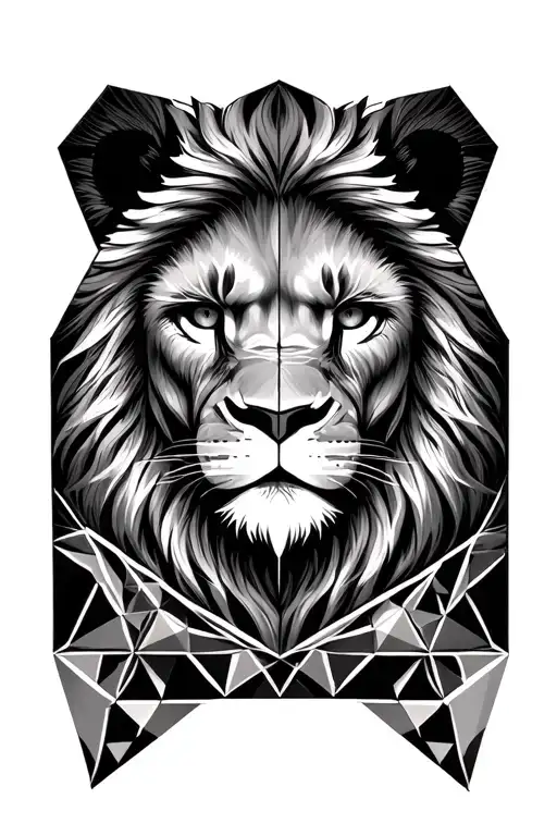 pentagon on top with eyes and below that is a lion realistic looking but half part and half part is a clock. tattoo design idea