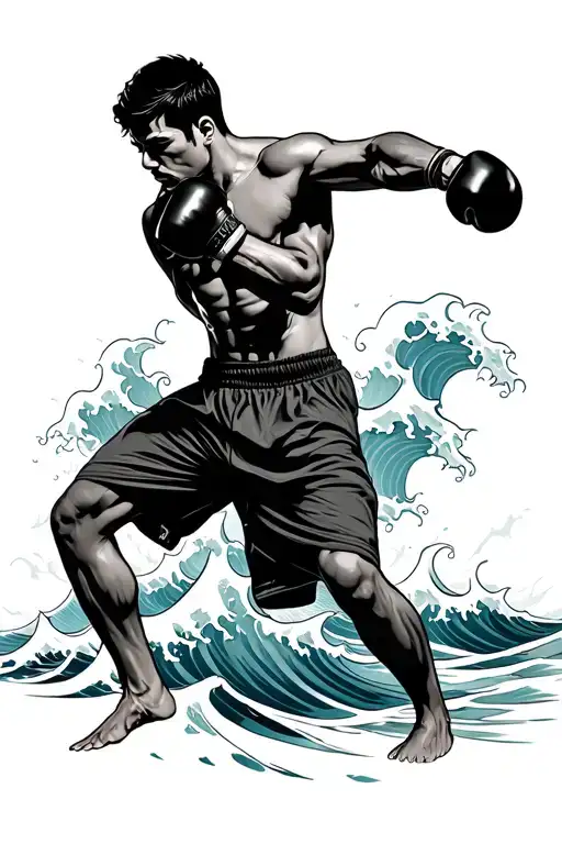kickboxer with low guard stance surrounded by waves  tattoo design idea