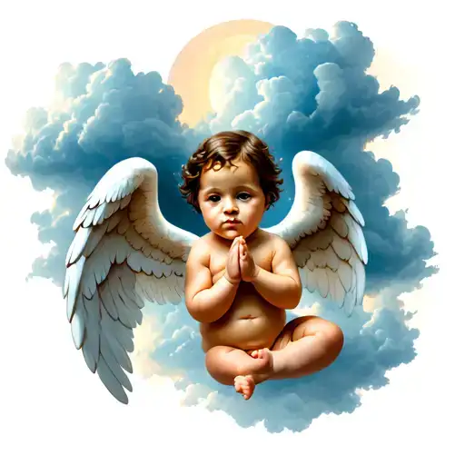 Baby Angel Praying before a storm clouds tattoo design idea