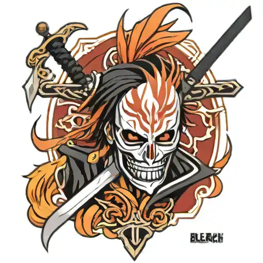 bleach the anime tattoo design with ichigos sword and ichigos mask dangling off the masks hilt tattoo design idea
