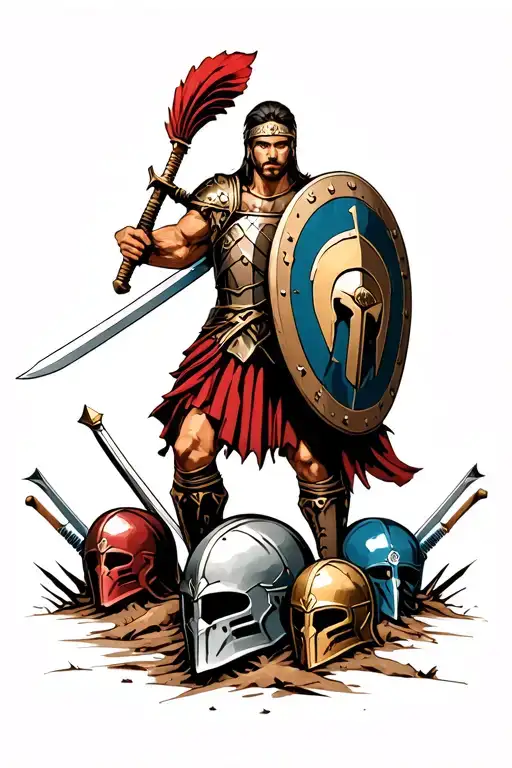 spartan warrior wielding a sword and shield. he's standing over the burial ground of his brothers helmets on swords.  tattoo design idea