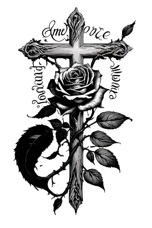 I want a rose passing around the Christian cross, the roots will disperse and write the word "amore" tattoo design idea