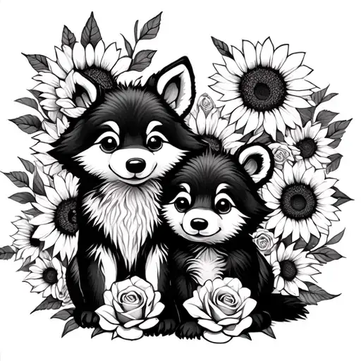  cute baby wolf and bear sitting with sunflowers and roses. black tattoo design idea