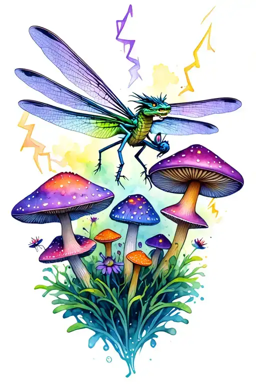 green, purple, and blue dragon fly perched on a group of psychedelic mushrooms with flowers and lightning bugs tattoo design idea