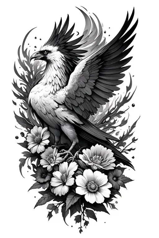 phoenix rising from ashes with 8 different flowers as a forearm tattoo tattoo design idea