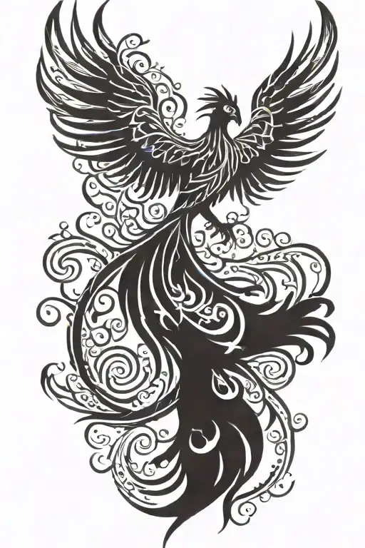 Phoenix in 2D with spread wings and flames tattoo design idea