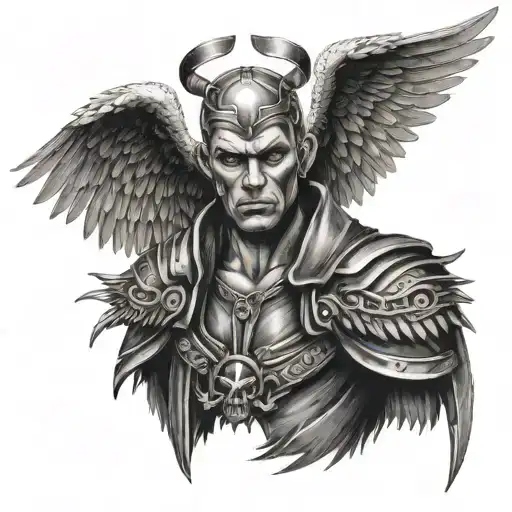 A security guard with angel wings and devil horns, symbolizing the balance between good and evil tattoo design idea