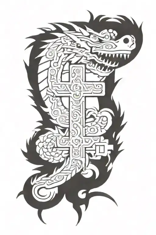 Aztec dragon wrapping around a cross  tattoo design idea