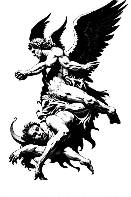 archangel Michael defeating a fallen Lucifer tattoo design idea