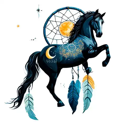 horse on back legs with dream catcher with sun and moon  tattoo design idea