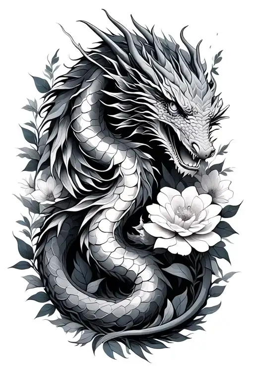 long peaceful dragon surround with the Oktober, may, Augustus and Desember birth flowers flowing with little colour  tattoo design idea