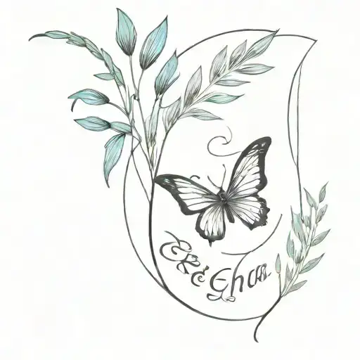 A simple tattoo with a feather, a butterfly and two willow branches, with the inscription erha tattoo design idea