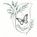 A simple tattoo with a feather, a butterfly and two willow branches, with the inscription erha tattoo design idea