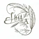 A simple tattoo with a feather, a butterfly and two willow branches, with the inscription erha tattoo design idea