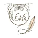 A simple tattoo with a feather, a butterfly and two willow branches, with the inscription erha tattoo design idea