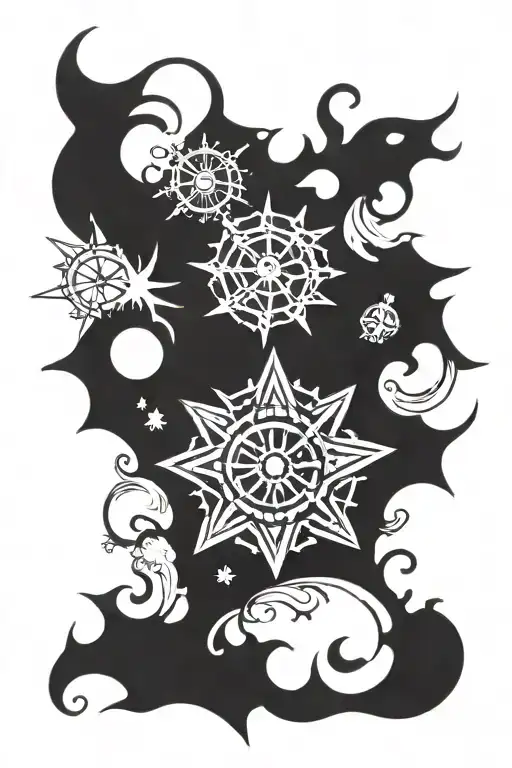 sun snowflake chainring and compass rose tattoo design idea