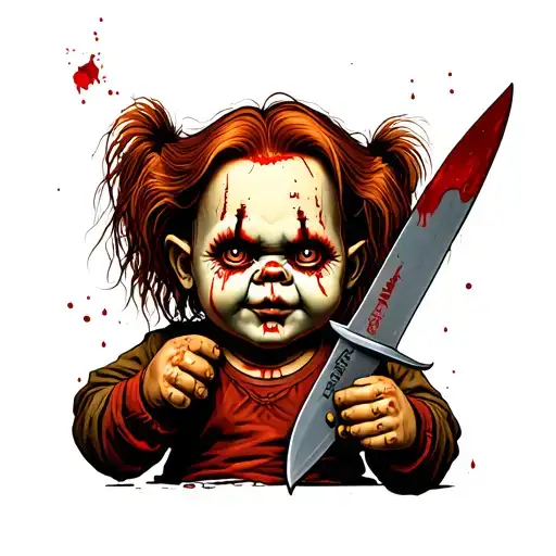 Chucky doll holding a bloody knife tattoo design idea
