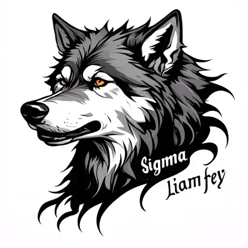 sigma wolf with writing that spells "liam frey" tattoo design idea