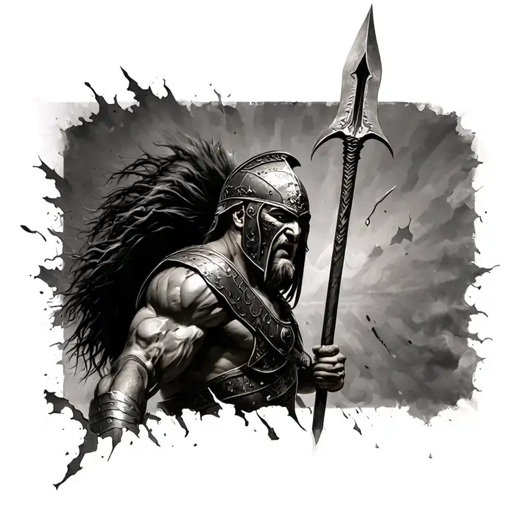 spartan warrior with spear piercing ripping out of skin tattoo design idea