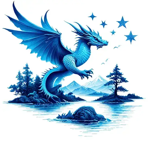 blue dragon, river in the mountains, a dove in sky, tree blowing in the wind, four stars tattoo design idea