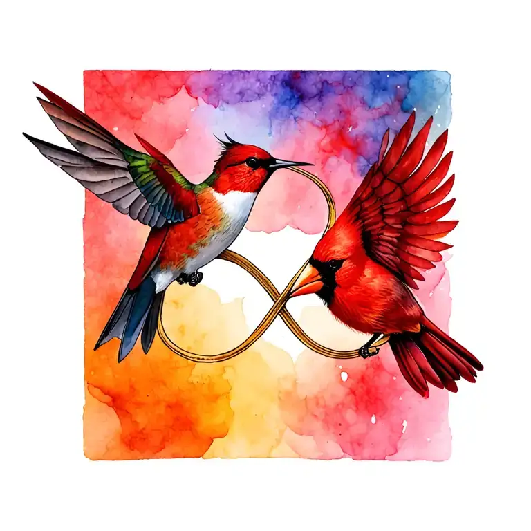 infinity symbol intertwined hummingbird and cardinal tattoo design idea