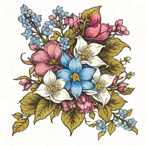 baby's breath flowers, larkspur flower forget me nots waterlilly tattoo design idea