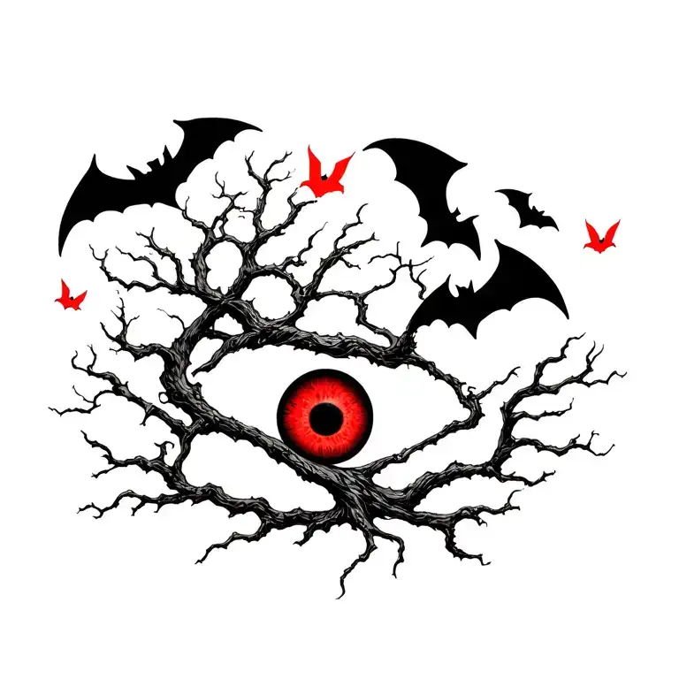 poison tree with an eye in tre tree and 4 red bats flying around the tree tattoo design idea