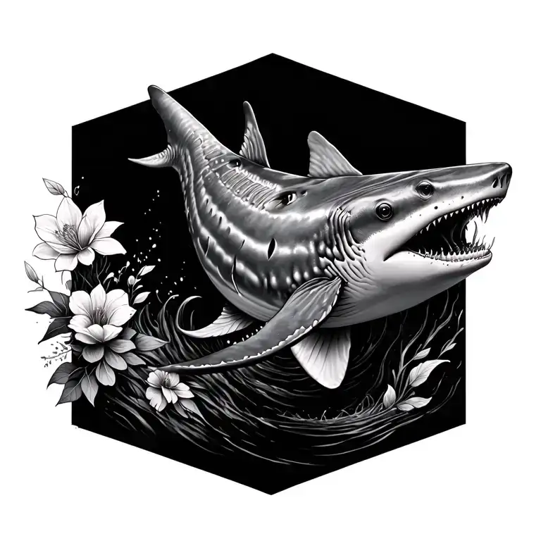 whale shark and flowers tattoo design idea