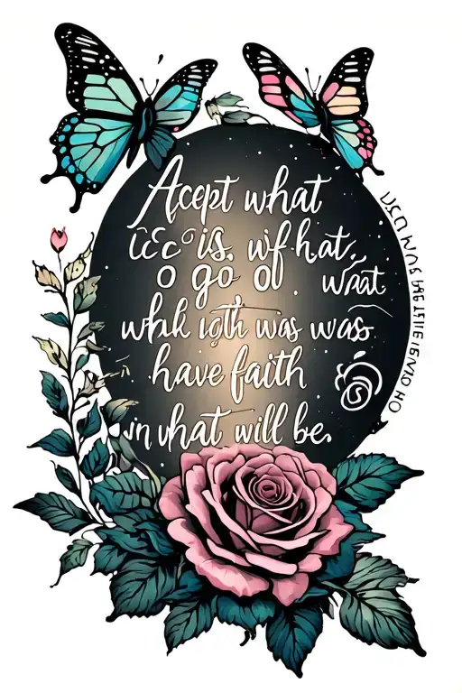 roses and butterflies surrounding a quote 'Accept what is, let go of what was, have faith in what will be'. On spine tattoo design idea