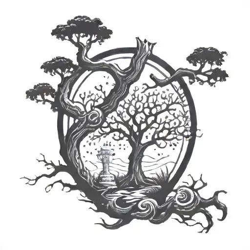 poison tree with grave stone tattoo design idea