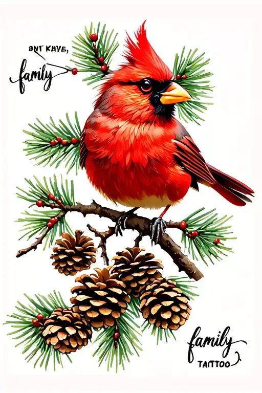 Cardinal on branch with pinecones, saying "family" tattoo design idea