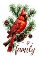 Cardinal on branch with pinecones, saying "family" tattoo design idea