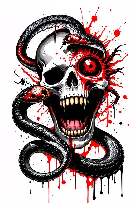 biomechanical zombie snake going through the eye of a skull and spiders crawling out mouth of a dead zombie person  tattoo design idea