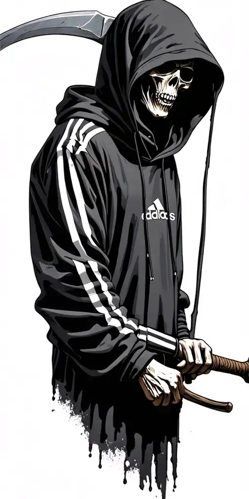grim reaper wearing an Adidas hoody and holding a scythe  tattoo design idea