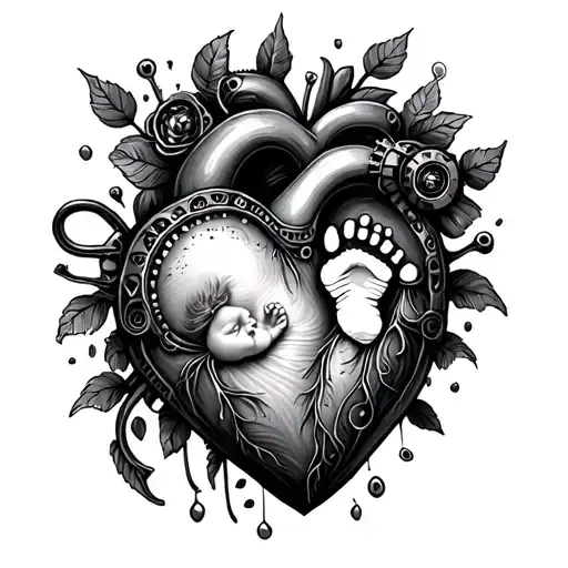 steampunk heart with newborn footprint tattoo design idea