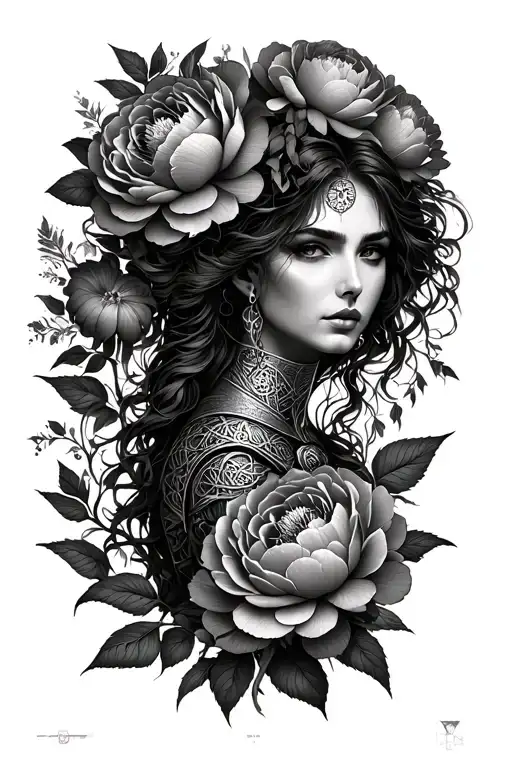 woman, peonies, celtic warrior, strength inspired, eye open looking forward tattoo design idea