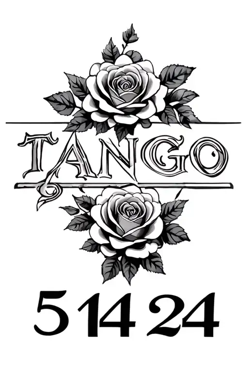 "Tango" roses around and Roman numbers 5-14-24 tattoo design idea