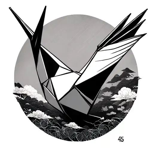 simple fine line origami crane with the Japanese characters for 45 integrated tattoo design idea