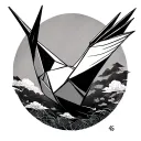 simple fine line origami crane with the Japanese characters for 45 integrated tattoo design idea