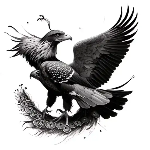Majestic hawk with wide wings, clutching the peacock’s neck — fierce power meets fragile beauty. tattoo design idea