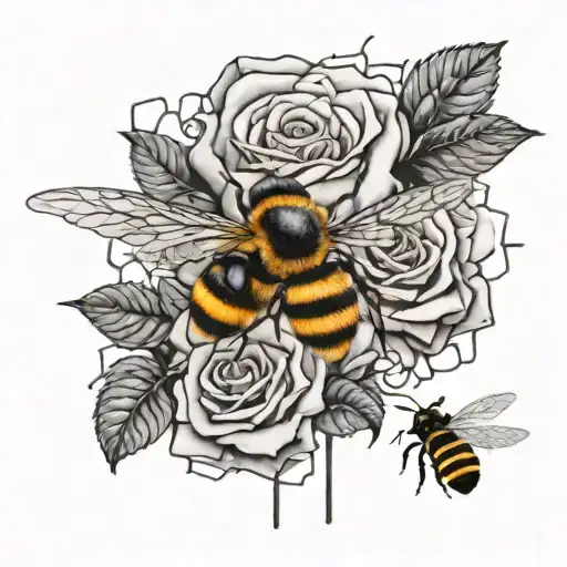 horror 3D puzzle piece with roses growing and bee flying tattoo design idea