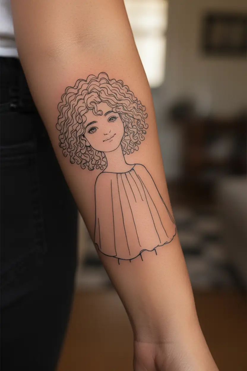 happy little curly girl made by name Arghavan tattoo design idea