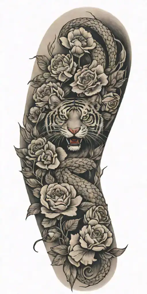 snake with poppies, boat sailing. tiger with rose on forarm, then a rabbit, pig, and hen on bicep  tattoo design idea
